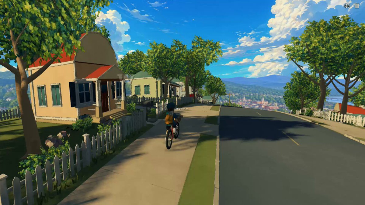 PaperRoute: велосипедист на улице с домами и садами