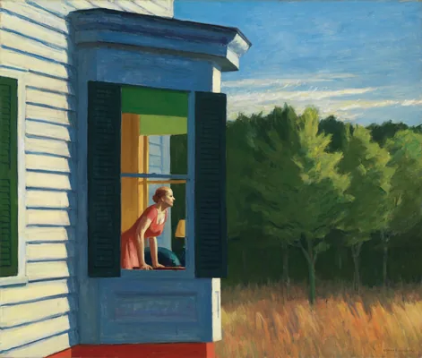 Edward Hopper painting of a woman looking out of an open window toward trees and sunlit grass